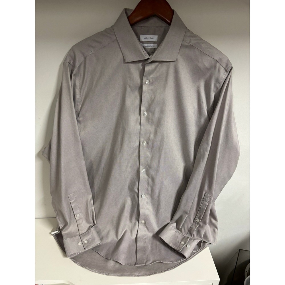 Calvin Klein Mens Slim Fit Non-Iron Gray Houndstooth Dress Shirt 17 32/33